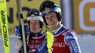 France's Clement Noel, right, winner of an alpine ski, men's World Cup slalom.
