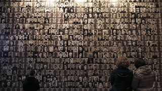 portraits of victims at the Holocaust Museum in the town of Kalavryta, western Greece