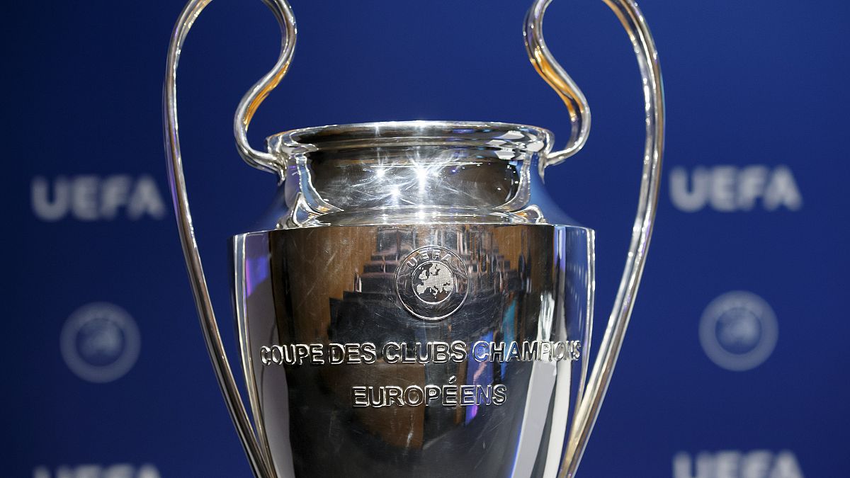 The UEFA Champions League trophy is displayed at the UEFA headquarters in Nyon, Switzerland.