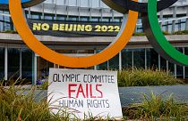 Placard at the entrance of the International Olympic Committee headquarters in Lausanne