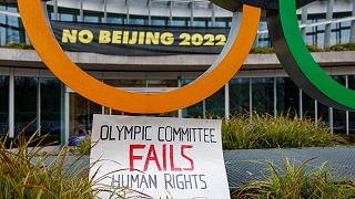 Placard at the entrance of the International Olympic Committee headquarters in Lausanne