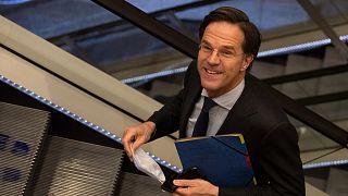 In this file photo dated April 2, 2021, caretaker Dutch Prime Minister Mark Rutte leaves after surviving a no-confidence motion in parliament in The Hague, Netherlands.