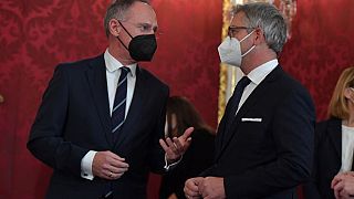 Gerhard Karner (L) alongside Austria's newly appointed Minister of Finance Magnus Brunner (R).