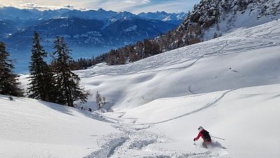 Katy Dartford skiing powder in Crans Montana