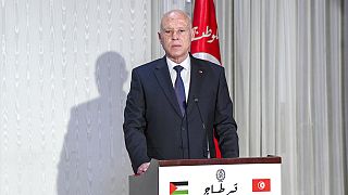 Kais Saied lors d'une rencontre avec le président palestinien Mahmoud Abbas le 8 décembre
