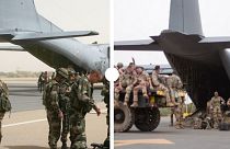 à gauche : soldats français débarquant à l'aéroport de Tombouctou (Mali) le 31/01 2013 // à droite : Soldats français quittant l'aéroport de Tombouctou le 14/12/2021