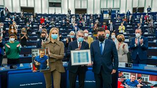 Daria Navalnaya receives the Sakharov Prize for Freedom of Thought Award, the European Union's top human rights prize, on behalf of her father