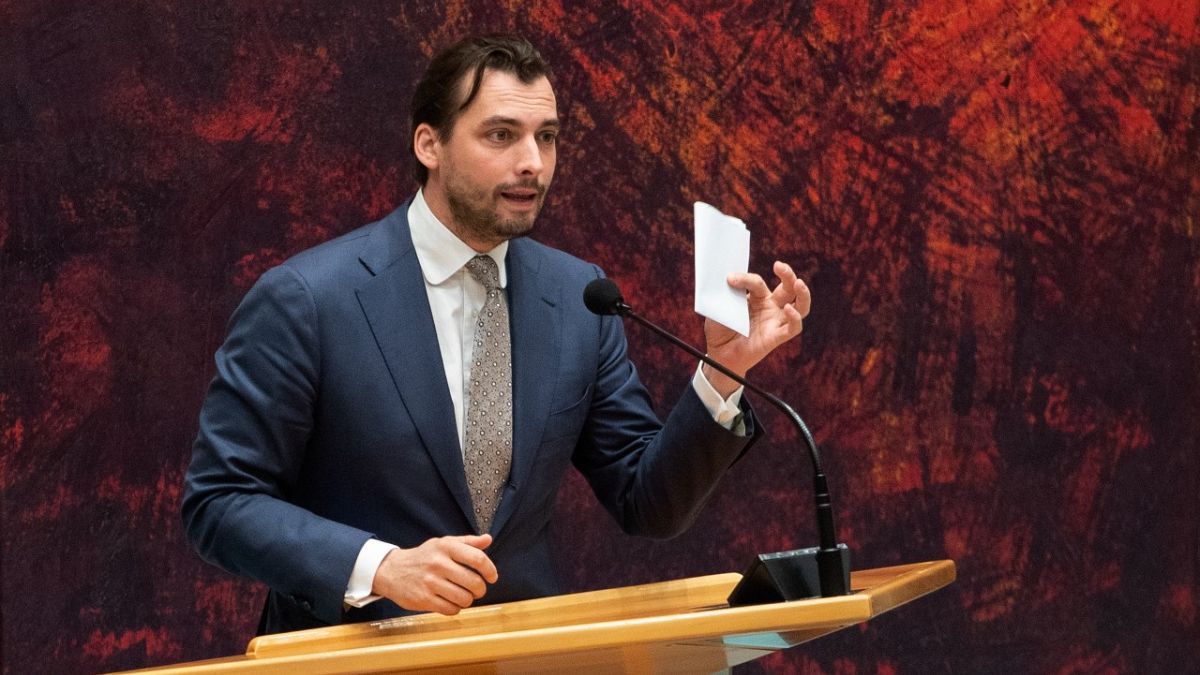 Thierry Baudet, leader of right-wing populist party Forum for Democracy, addresses parliament in The Hague, Netherlands, Friday, April 2, 2021.