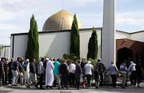 In this March 23, 2019 file photo, worshippers prepare to enter the Al Noor mosque following the previous week's mass shooting in Christchurch, New Zealand.