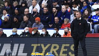 Leicester manager Brendan Rodgers looks out during the English Premier League match between Leicester City and Chelsea at the King Power Stadium, in Leicester, England