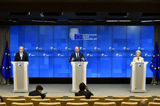 From left, Slovenia's Prime Minister Janez Jansa, European Council President Charles Michel and European Commission President Ursula von der Leyen.
