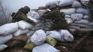 Ukrainian soldiers strengthen their front line position in the town of Novoluhanske in the Donetsk region, Ukraine, on Dec. 9, 2019.