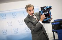Director General of the International Atomic Energy Agency, IAEA, Rafael Mariano Grossi shows the inner of a case of an "IAEA Camera"
