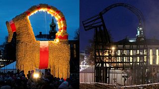 A before and after combination picture of the beloved straw goat in Gavle, 163 kilometers north of Stockholm.