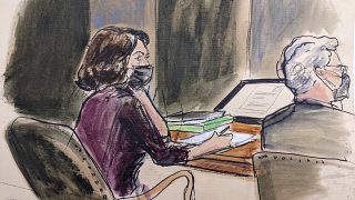 In this courtroom sketch, Ghislaine Maxwell, left, sits at the defence table with defence attorney Jeffrey Pagliuca while listening to testimony in her sex abuse trial.