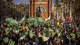 Des manifestants à Barcelone pour défendre l'enseignement du catalan, le 18 décembre 2021.