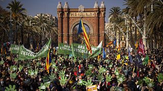 Demonstrators march holding banners and shouting slogans demanding the use of Catalan in schools of Catalonia, in Barcelona, Spain