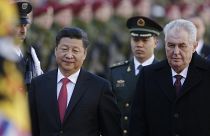 Czech Republic's President Milos Zeman, right, welcomes his Chinese counterpart Xi Jinping, left, at the Prague Castle in Prague, Czech Republic, Tuesday, March 29, 2016