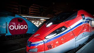 Le train Ouigo, filiale de la SNCF et le train  Frecciarossa, de Trenitalia, à Paris, le 18 décembre 2021