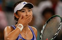 Chinese tennis player Peng Shuai reacts during a tennis match in Beijing, China on Oct. 6, 2009.