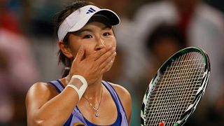 Chinese tennis player Peng Shuai reacts during a tennis match in Beijing, China on Oct. 6, 2009.