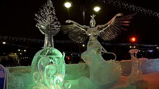 Ice sculptures in Crystal Tomsk ice sculpture festival in Russia.
