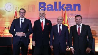Serbian President Aleksandar Vucic, Albanian PM Edi Rama, Deputy Minister of Finance of North Macedonia Dimitar Kovacevski, and North Macedonia's PM Zoran Zaev.