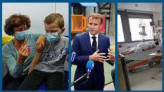De g. à dr. : vaccination d'un enfant à St-Quentin-en-Yvelines le 22/12/2021 - Emmanuel Macron à Marseille le 2/09/2021 - A l'hôpital de Rouen le 15/04/2021