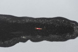 A winter swimming enthusiast swimming in a partly frozen lake during snowfall at a park in Shenyang, in northeastern China's Liaoning province. November 2021