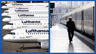Archives : Avions de la Lufthansa à l'aéroport de Francfort (le 02/04/2014) / Employé de la SNCF à la gare de Marseille St-Charles, le 17/06/2014