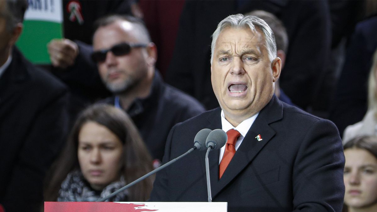 Hungarian Prime Minister Viktor Orban addresses supporters during celebration the 65th anniversary of the 1956 Hungarian revolution, in Budapest in October 2021