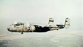 Full length shot of B-25 during flight in WWII in 1942.