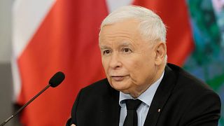 Jaroslaw Kaczynski, the head of Poland's ruling party Law and Justice, speaks at a news conference in Warsaw, Poland, on Oct. 26, 2021.