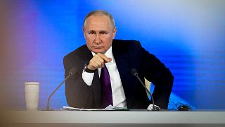 Russian President Vladimir Putin attends his annual news conference in Moscow, Russia, Thursday, Dec. 23, 2021.
