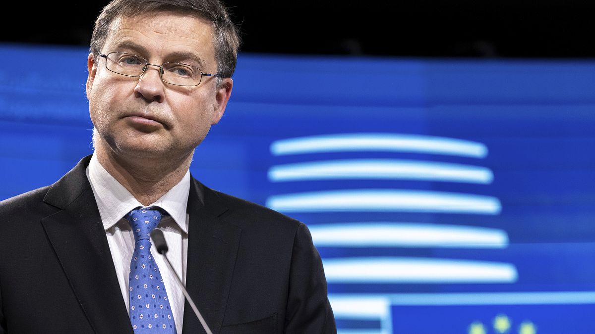 EU Trade Commissioner Valdis Dombrovskis  at the Europa building in Brussels, on Dec. 7, 2021. 
