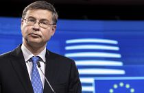 EU Trade Commissioner Valdis Dombrovskis  at the Europa building in Brussels, on Dec. 7, 2021.