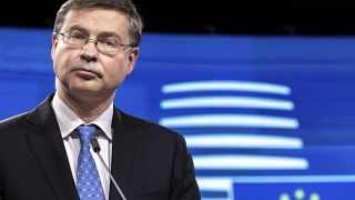 EU Trade Commissioner Valdis Dombrovskis  at the Europa building in Brussels, on Dec. 7, 2021.