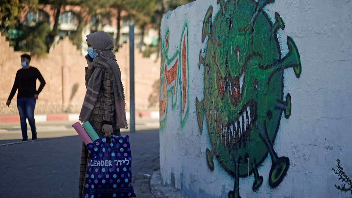 شابة فلسطينية تلبس كمامة وتقف مقابل رسم جداري عن فيروس كورونا على حائط في مدينة غزة. 