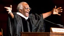 Archbishop Emeritus Desmond Tutu addresses new University of Oklahoma graduates, at a ceremony at the university after he received a honorary degree in 2000