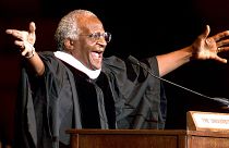 Archbishop Emeritus Desmond Tutu addresses new University of Oklahoma graduates, at a ceremony at the university after he received a honorary degree in 2000