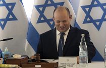 Israeli Prime Minister Naftali Bennett chairs the weekly cabinet meeting in Kibbutz Mevo Hama, in the Israeli-occupied Golan Heights