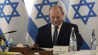 Israeli Prime Minister Naftali Bennett chairs the weekly cabinet meeting in Kibbutz Mevo Hama, in the Israeli-occupied Golan Heights