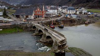 The remains of a bridge lead over the Ahr river in Resch in the Ahrtal valley, southern Germany, Dec.14, 2021.