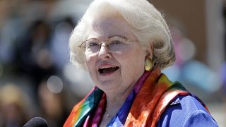Attorney Sarah Weddington speaks during a women's rights rally on June 4, 2013, in Albany, N.Y.