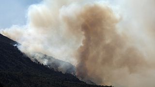 Smoke billows from a huge forest fire seen from Route 40, in Paraje Villegas, Rio Negro Province, 70 km south of Bariloche, Argentina, on December 24, 2021.