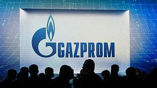 Gazprom logo is seen during the International Gas Forum, at the Expoforum Convention and Exhibition Centre in Saint Petersburg on October 7, 2021.