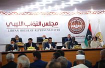 خلال مراسم أداء اليمين للحكومة المؤقتة الجديدة في طبرق، ليبيا، يوم الإثنين 15 مارس 2021.
