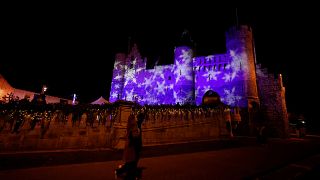 A Christmas projection on the Steen Castle in the historical center of Antwerp, Belgium