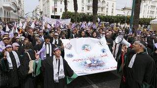 متظاهرون من النقابات العمالية والمحامين في مسيرة احتجاجية في الرباط، المغرب. 2013