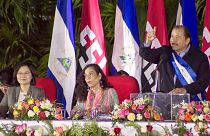 Nicaragua's President Daniel Ortega speaks during his inauguration ceremony, next to his wife (C), and Taiwan's President Tsai Ing-wen in Managua, Nicaragua, Jan. 10, 2017.